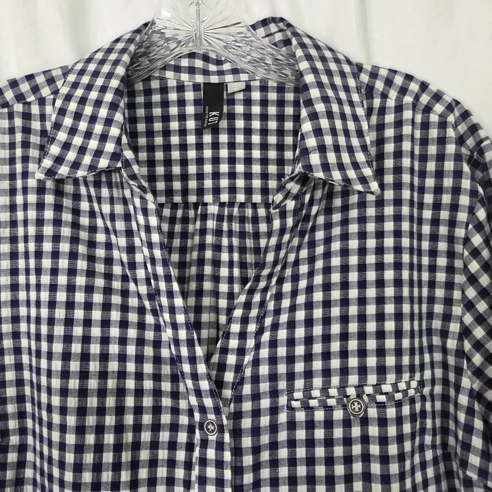 Kut from the Kloth Navy and White Checkered Women's Shirt Size XL - Picture 2 of 6
